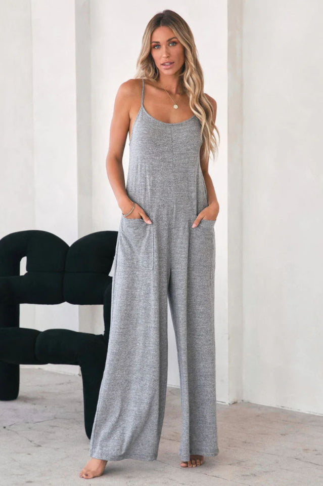 Side Pockets Spaghetti Strap Wide Leg Jumpsuit - M / Grey