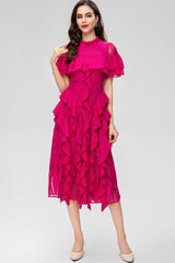 Oriana Pink Solid Lace Frill Midi Dress