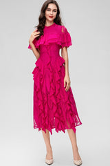 Oriana Pink Solid Lace Frill Midi Dress