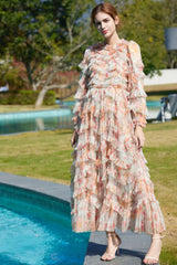 Printed Floral Tulle Ruffle Maxi Dress