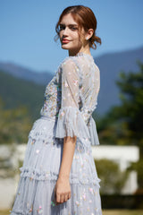 Embroidered Ruffles Elegant Long Dress