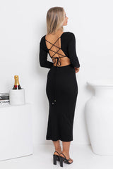 Backless Lace-Up Black Midi Dress