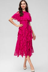 Oriana Pink Solid Lace Frill Midi Dress