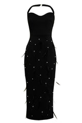 Feather Rhinestones Bodycon Midi Dress