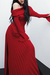 Pleated Patchwork Slit Red Dress