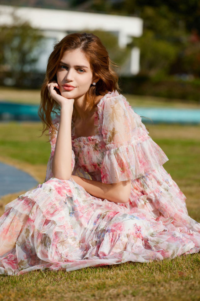 Floral Tulle Ruffle Layered Maxi Dress | Dress In Beauty