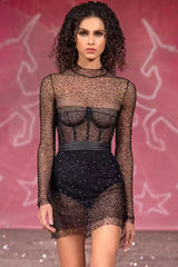 Adele Black Mesh Diamond Mini Dress