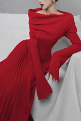 Pleated Patchwork Slit Red Dress