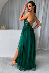 Sequined Backless Tulle Evening Prom