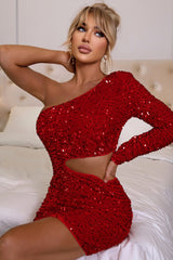 One Shoulder Cut Out Sequins Bodycon Dress