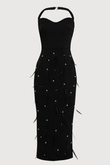 Feather Rhinestones Bodycon Midi Dress