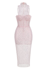 Brenden Pink Crystal Lace Midi Dress