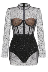 Adele Black Mesh Diamond Mini Dress