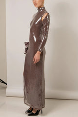 Long Sleeve Bow Detail Sequin Maxi Dress