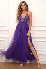 Sequined Backless Tulle Evening Prom