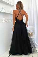 Sequined Backless Tulle Evening Prom