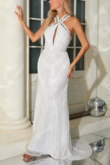 Bobbie White Halter Sequin Maxi Dress