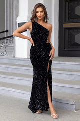 Off Shoulder Slit Sequin Dress