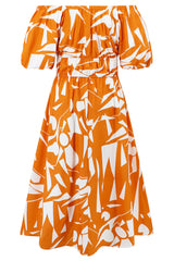 Printed Off Shoulder Balloon Sleeve Dress