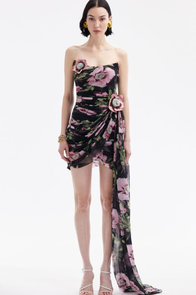 Floral Printed Strapless Draped Mini Dress | Dress In Beauty