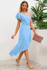 Asymmetrical Neck Flutter Sleeve Dress