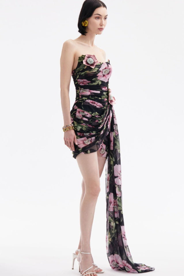 Floral Printed Strapless Draped Mini Dress | Dress In Beauty