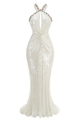 Bobbie White Halter Sequin Maxi Dress