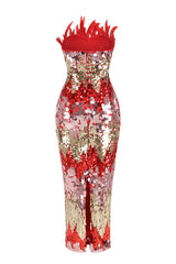 Strapless Feather Sequin Midi Dress