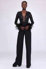 Sequin Feather-Trim Cuff Jumpsuit | Dress In Beauty