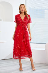 Sequin Leaf Embroidery Tie Front Dress