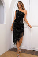 One Shoulder Fringe Trim Sequin Dress