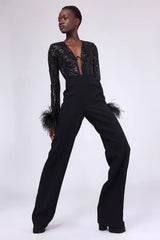 Sequin Feather-Trim Cuff Jumpsuit | Dress In Beauty