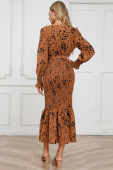 Printed V Neck Smocked Midi Dress