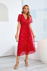 Sequin Leaf Embroidery Tie Front Dress