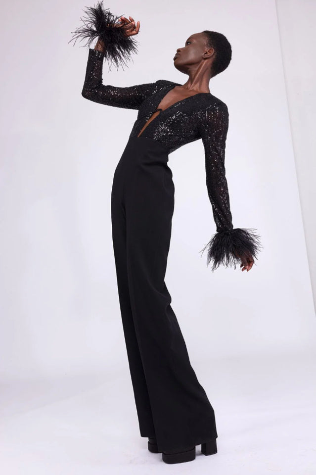 Sequin Feather-Trim Cuff Jumpsuit | Dress In Beauty