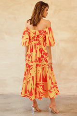Printed Off Shoulder Balloon Sleeve Dress