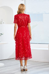 Sequin Leaf Embroidery Tie Front Dress