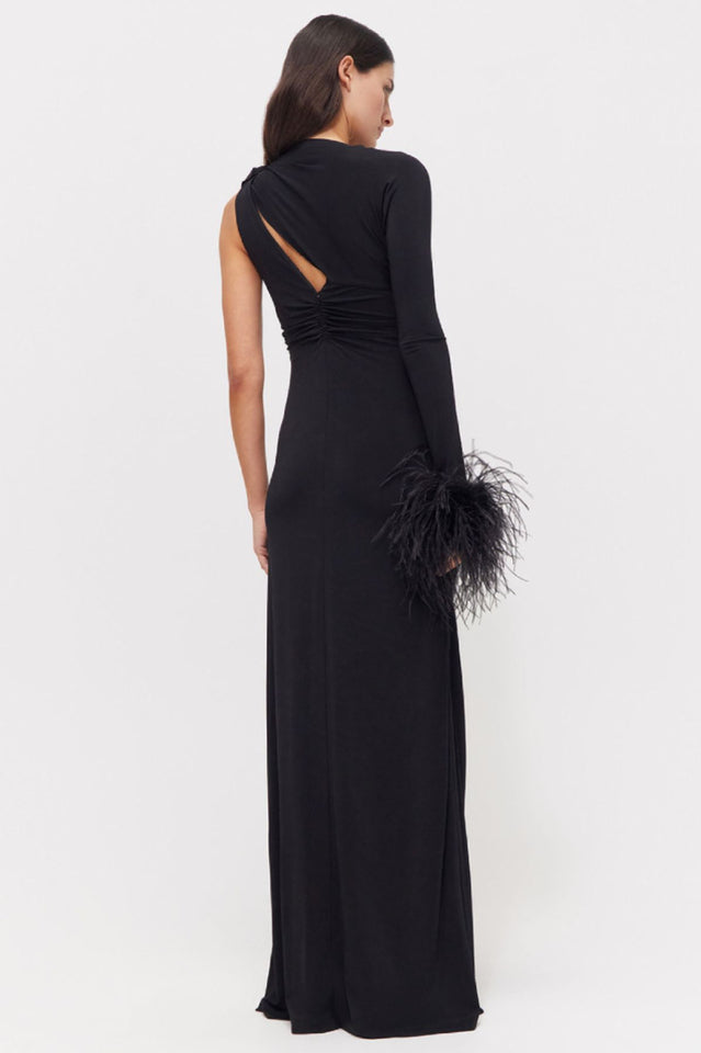 One Sleeve Feather Trim Maxi Dress | Dress In Beauty