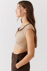 Notched Neck Cap Sleeve Cropped Tee