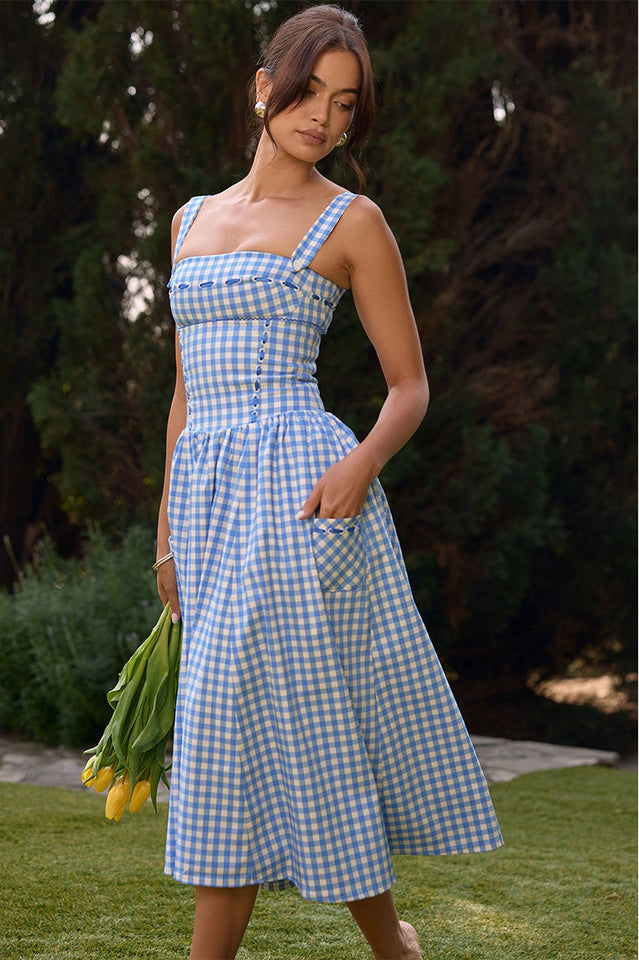 Vivien Regatta Blue Gingham Midi Sundress | Dress In Beauty