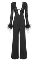 Sequin Feather-Trim Cuff Jumpsuit | Dress In Beauty