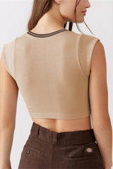 Notched Neck Cap Sleeve Cropped Tee