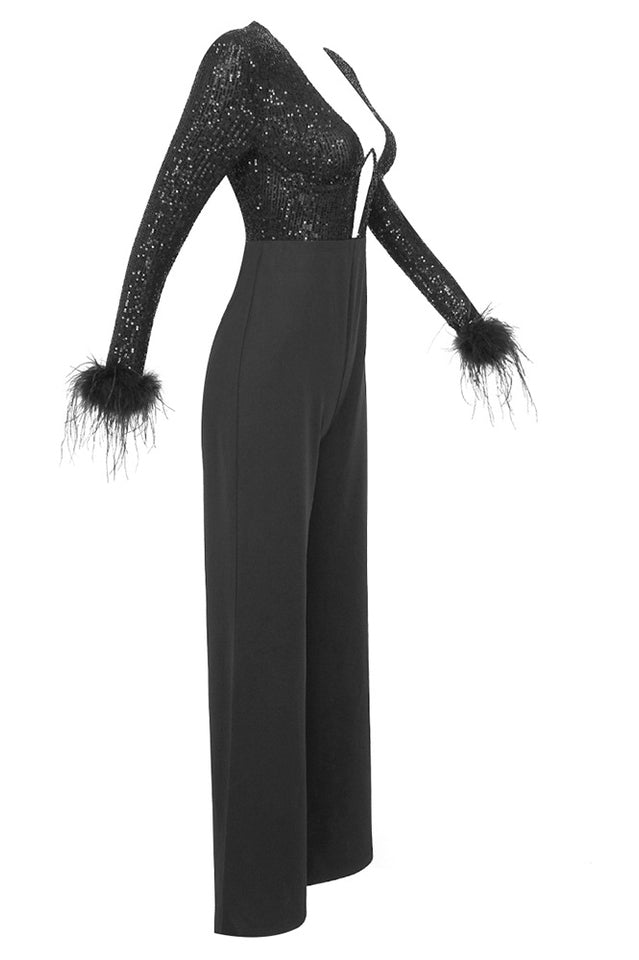 Sequin Feather-Trim Cuff Jumpsuit | Dress In Beauty