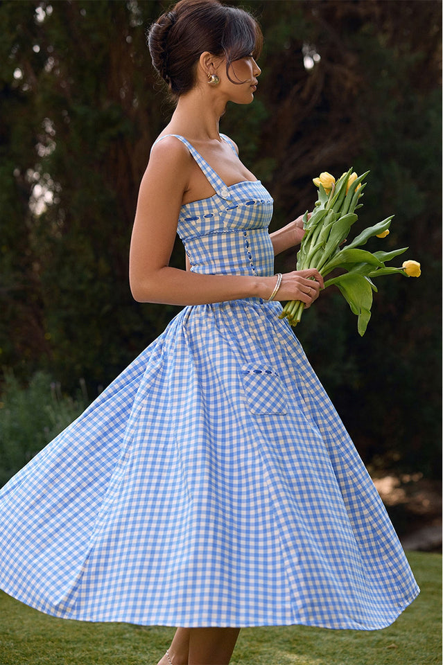 Vivien Regatta Blue Gingham Midi Sundress | Dress In Beauty