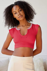 Notched Neck Cap Sleeve Cropped Tee