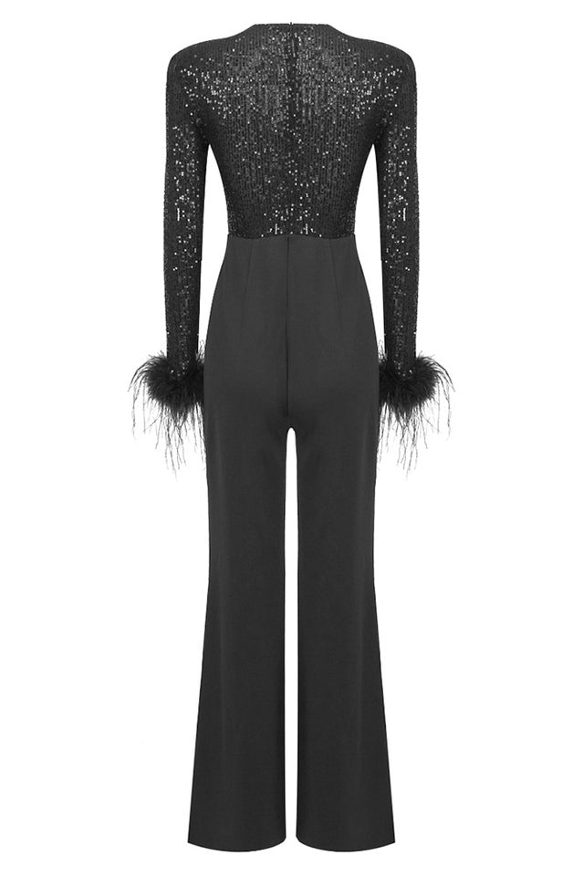 Sequin Feather-Trim Cuff Jumpsuit | Dress In Beauty