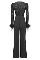 Sequin Feather-Trim Cuff Jumpsuit | Dress In Beauty