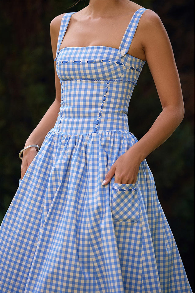 Vivien Regatta Blue Gingham Midi Sundress | Dress In Beauty