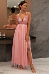 Sequined Backless Tulle Evening Prom