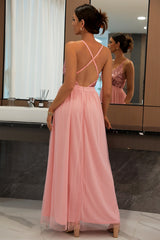 Sequined Backless Tulle Evening Prom